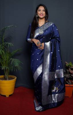 Navy blue woven paithani silk saree with blouse 1