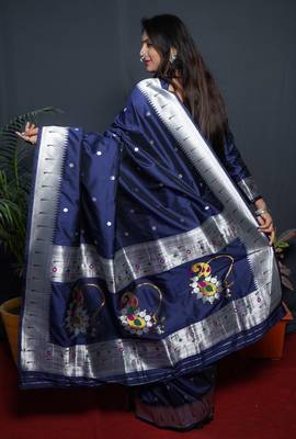 Navy blue woven paithani silk saree with blouse 2