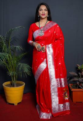 Red woven paithani silk saree with blouse 1
