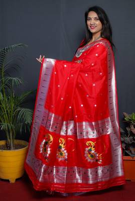 Red woven paithani silk saree with blouse 2