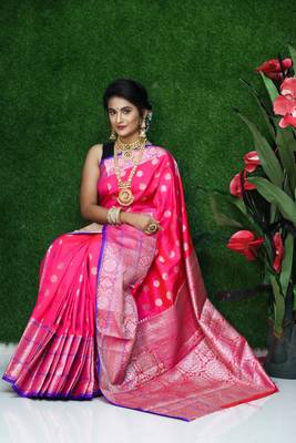 Pink woven Faux kanchipuram silk saree with blouse 2