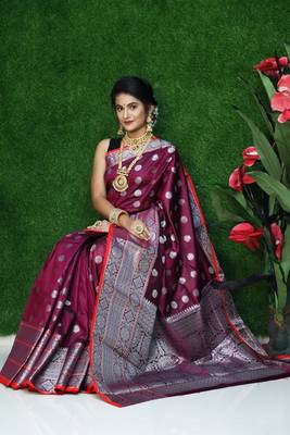 Wine woven Faux kanchipuram silk saree with blouse 2