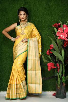 Yellow woven Faux kanchipuram silk saree with blouse 1