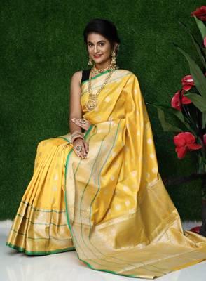 Yellow woven Faux kanchipuram silk saree with blouse 2