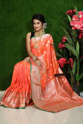 Peach woven Faux kanchipuram silk saree with blouse 2