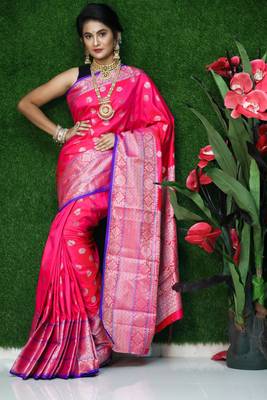 Pink woven Faux kanchipuram silk saree with blouse 1