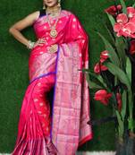 Pink woven Faux kanchipuram silk saree with blouse