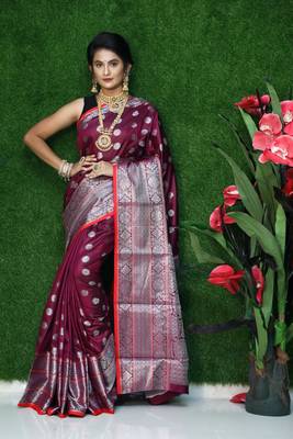 Wine woven Faux kanchipuram silk saree with blouse 1