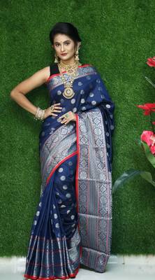 Navy blue woven Faux kanchipuram silk saree with blouse 1