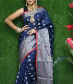 Navy blue woven Faux kanchipuram silk saree with blouse
