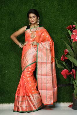 Peach woven Faux kanchipuram silk saree with blouse 1