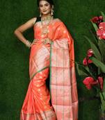 Peach woven Faux kanchipuram silk saree with blouse