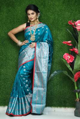 Turquoise woven Faux kanchipuram silk saree with blouse 1