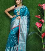 Turquoise woven Faux kanchipuram silk saree with blouse