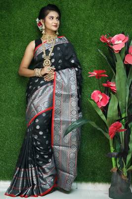 Black woven Faux kanchipuram silk saree with blouse 1