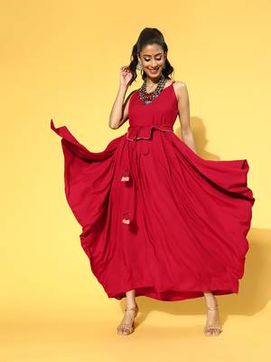 Red plain viscose rayon long-dresses 1