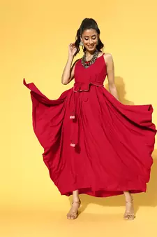 Red plain viscose rayon long-dresses