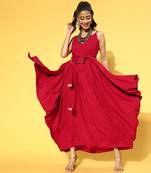 Red plain viscose rayon long-dresses