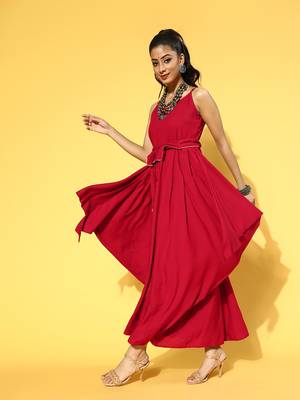 Red plain viscose rayon long-dresses 2