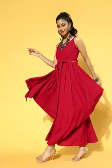 Red plain viscose rayon long-dresses
