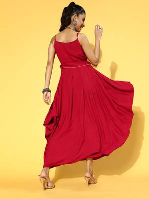 Red plain viscose rayon long-dresses 3