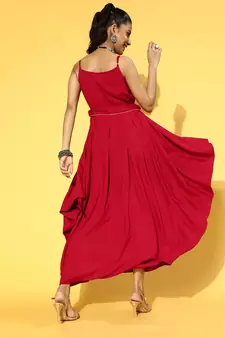 Red plain viscose rayon long-dresses