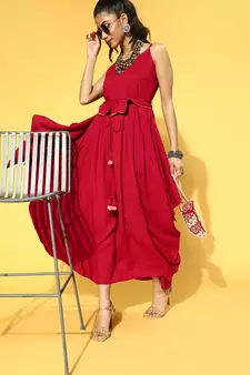Red plain viscose rayon long-dresses