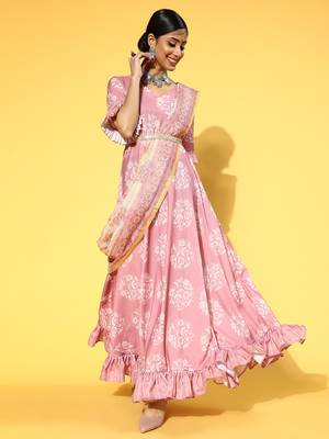 Pink printed viscose rayon long-dresses 1