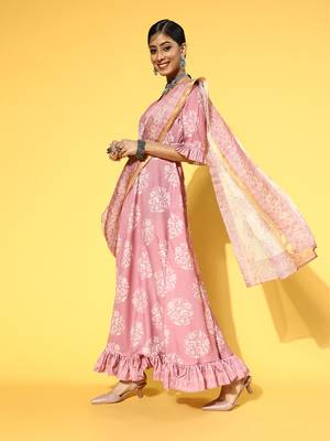 Pink printed viscose rayon long-dresses 2