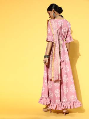 Pink printed viscose rayon long-dresses 3