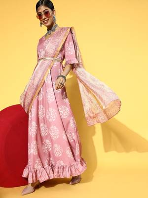 Pink printed viscose rayon long-dresses 5