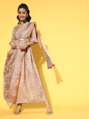 Peach printed viscose rayon long-dresses 1