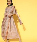 Peach printed viscose rayon long-dresses