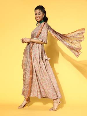 Peach printed viscose rayon long-dresses 2