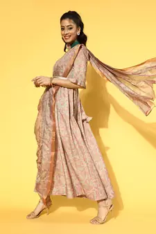 Peach printed viscose rayon long-dresses