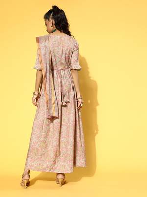 Peach printed viscose rayon long-dresses 3