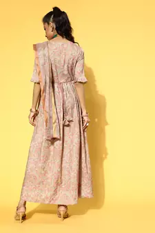 Peach printed viscose rayon long-dresses