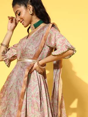 Peach printed viscose rayon long-dresses 4