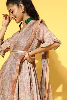 Peach printed viscose rayon long-dresses