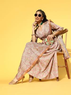 Peach printed viscose rayon long-dresses 5