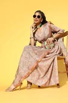 Peach printed viscose rayon long-dresses