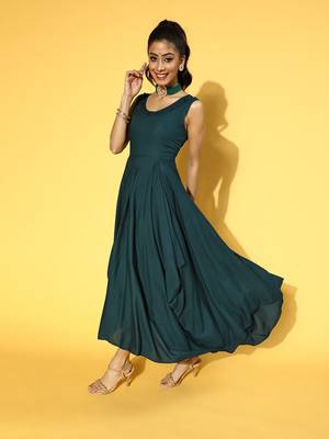 Green plain viscose rayon long-dresses 2