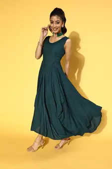 Green plain viscose rayon long-dresses