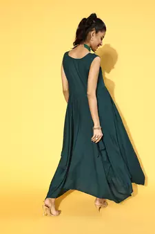 Green plain viscose rayon long-dresses