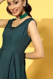 Green plain viscose rayon long-dresses