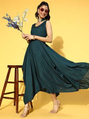 Green plain viscose rayon long-dresses 5