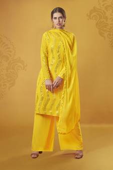 Phenomenal Light yellow Decorated with Mirror Faux Georgette Palazzo Salwar Suit