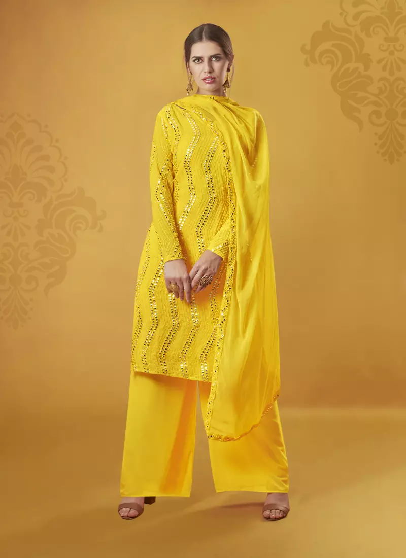 Phenomenal Light yellow Decorated with Mirror Faux Georgette Palazzo Salwar Suit