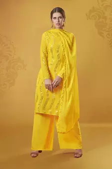 Phenomenal Light yellow Decorated with Mirror Faux Georgette Palazzo Salwar Suit