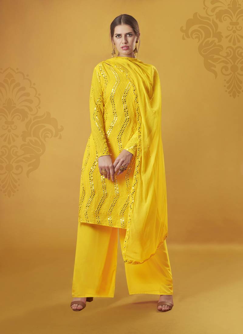 Phenomenal Light yellow Decorated with Mirror Faux Georgette Palazzo Salwar Suit